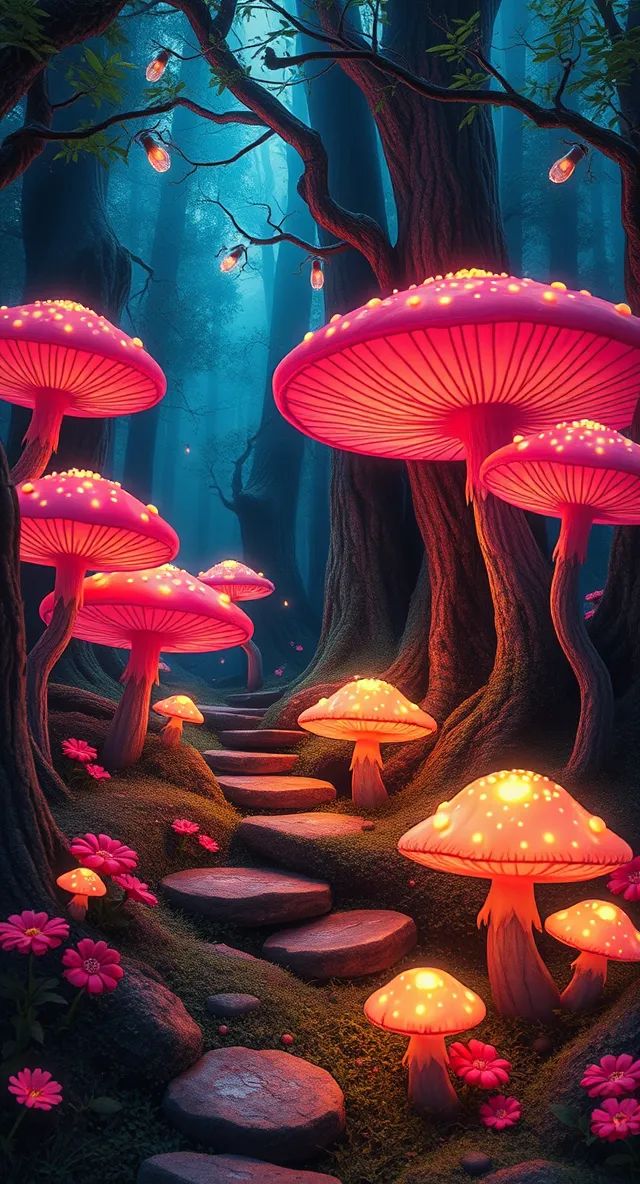 Step into an enchanted forest where glowing mushrooms light 