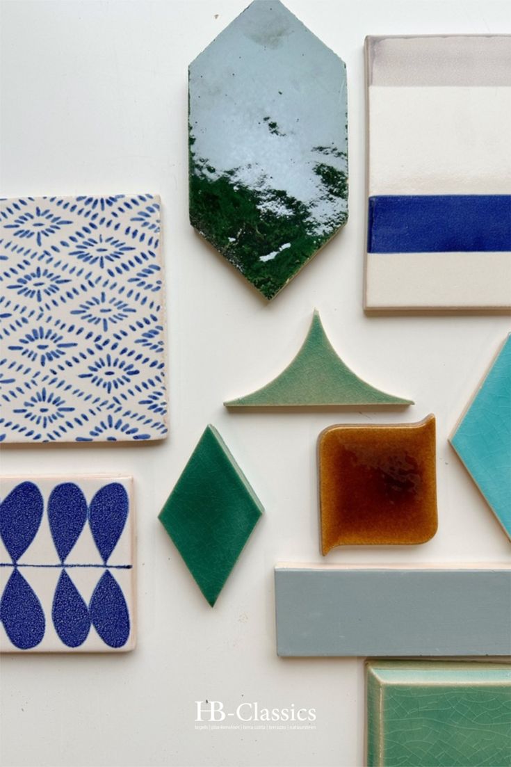 A curated moodboard featuring unique tiles with organic, pla