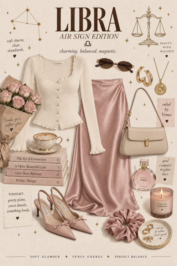 A Libra-inspired fashion moodboard featuring an ivory fitted