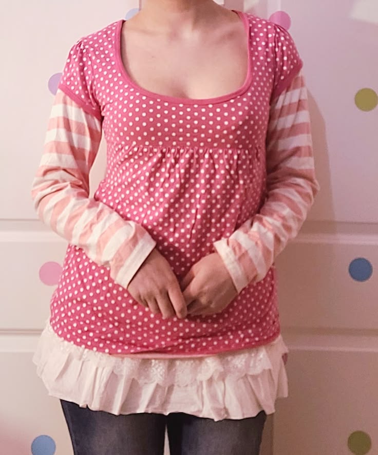 cute aesthetic pink polka dot and stripes outfit with skirt 