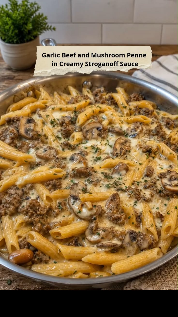 Save this Garlic Beef and Mushroom Penne in Creamy Stroganof