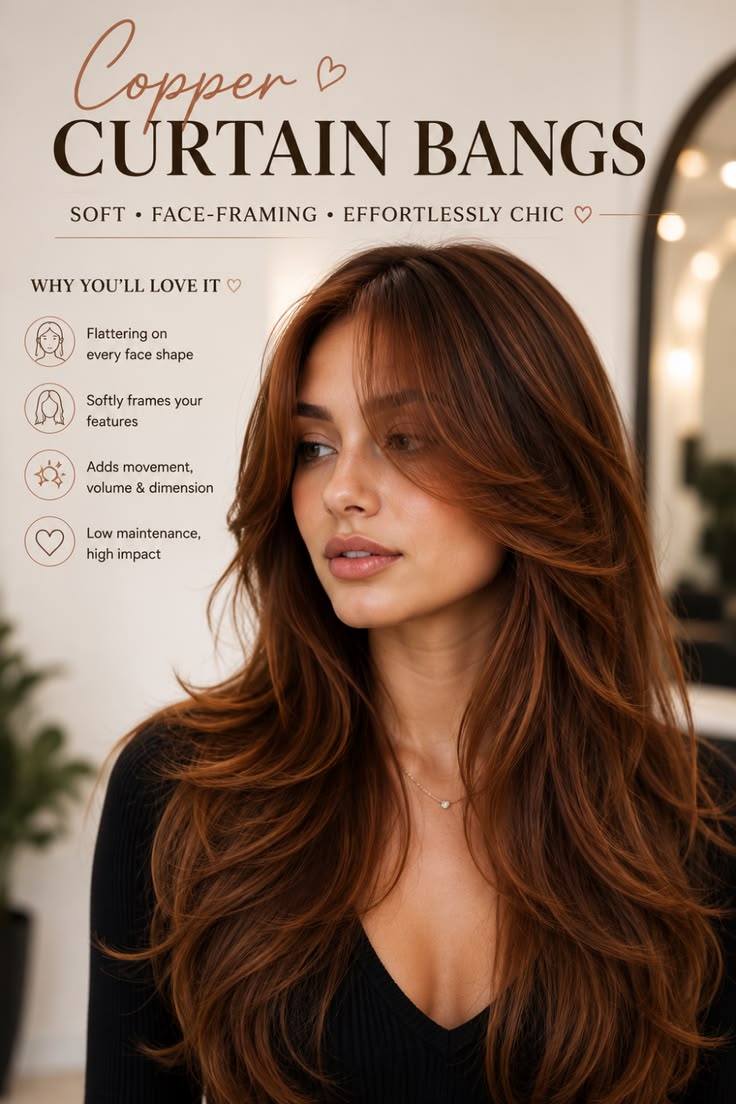 Ready to refresh your look? ✨ Copper curtain bangs are the p