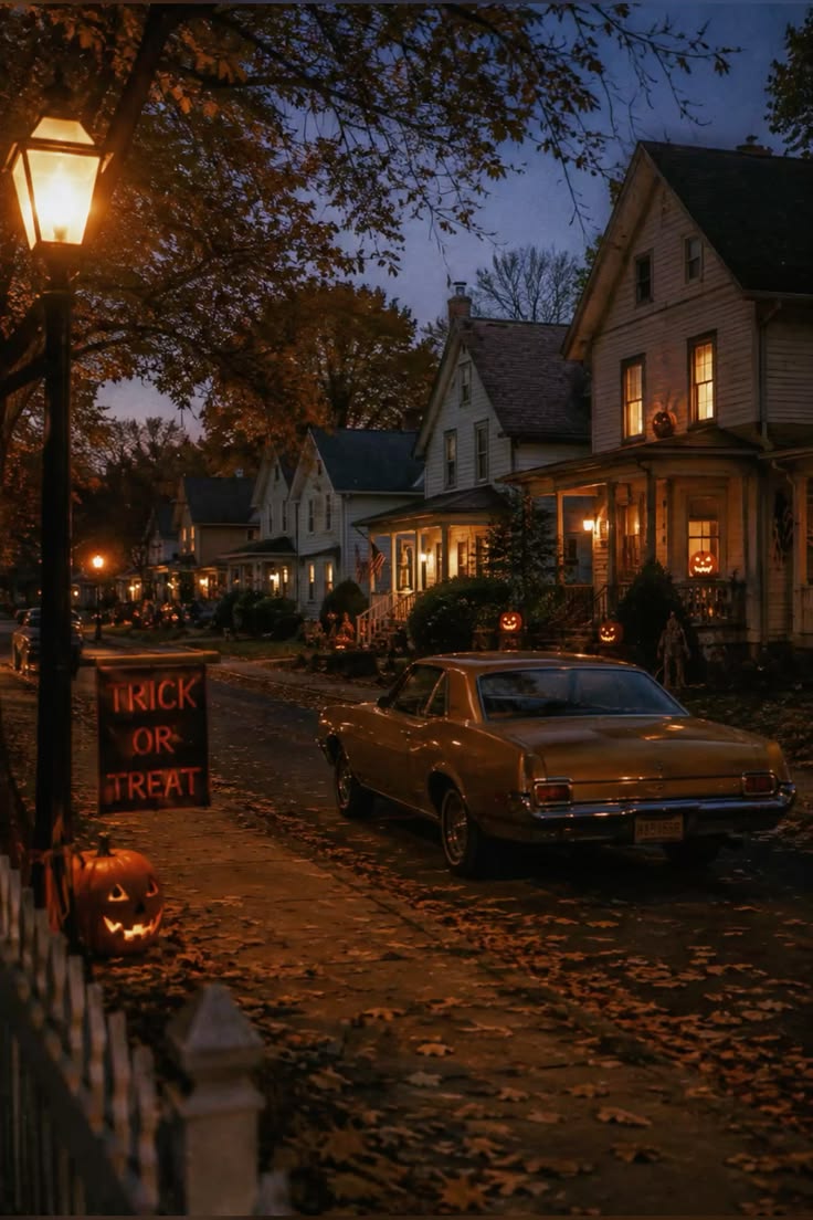 Halloween night with an old movie feel. Glowing porch lights