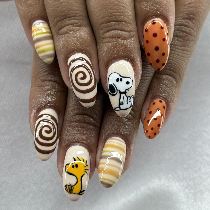 builder gel on natural nails with Snoopy and Woodstock desig