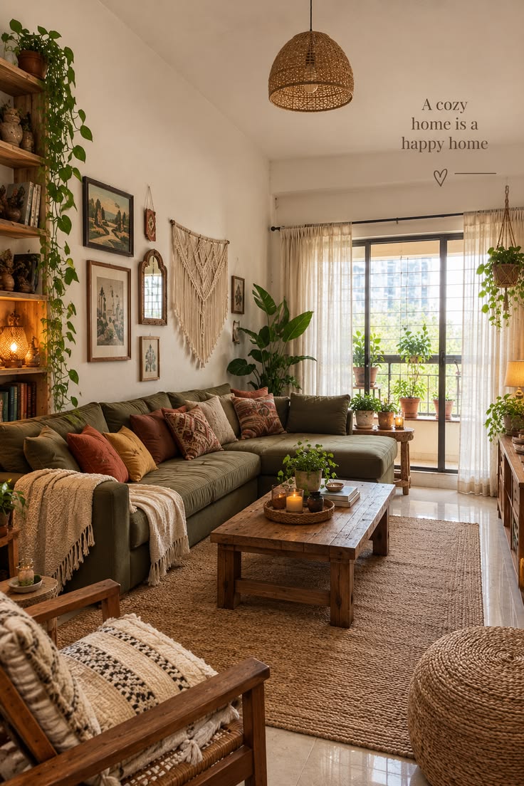 A relaxed earthy boho home filled with plants, woven texture