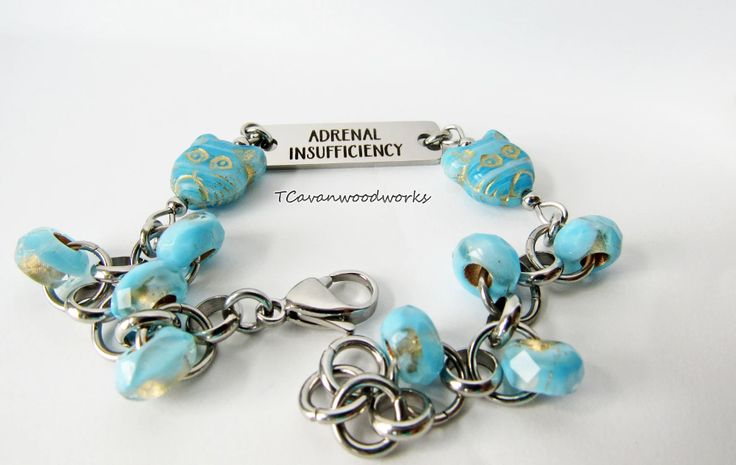 Adrenal Insufficiency Id Bracelet Turquoise Blue Glass Cat -