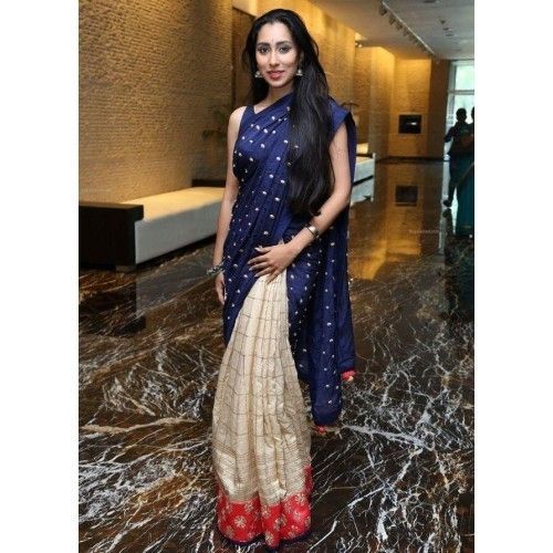 Ma Creation Chanderi Silk Blue & Beige Embroidered Half & Ha
