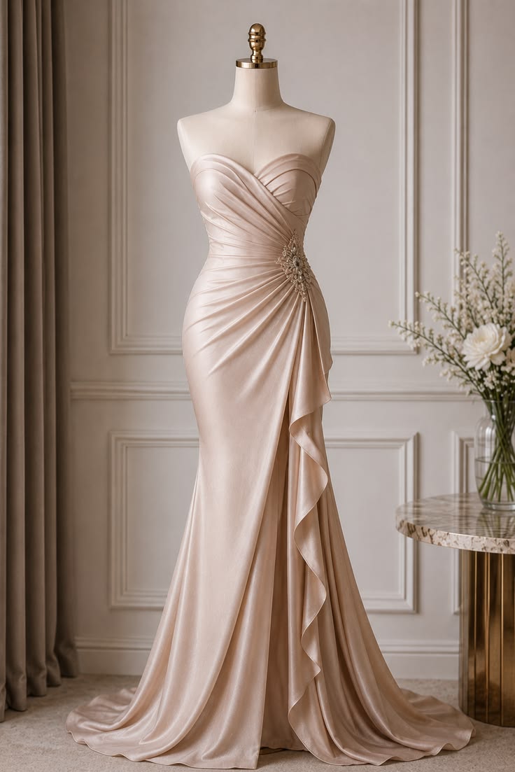 A stunning strapless evening gown with a flowing silhouette 