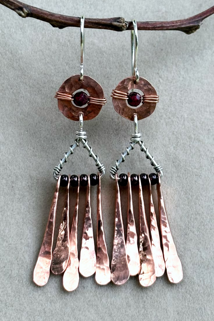 Handmade boho dangle earrings crafted from recycled copper, 