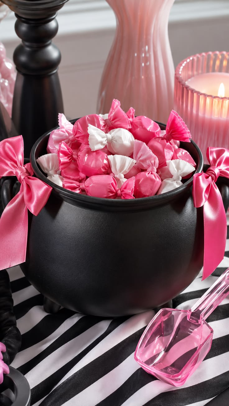 Create a playful pink Halloween candy station with a matte b