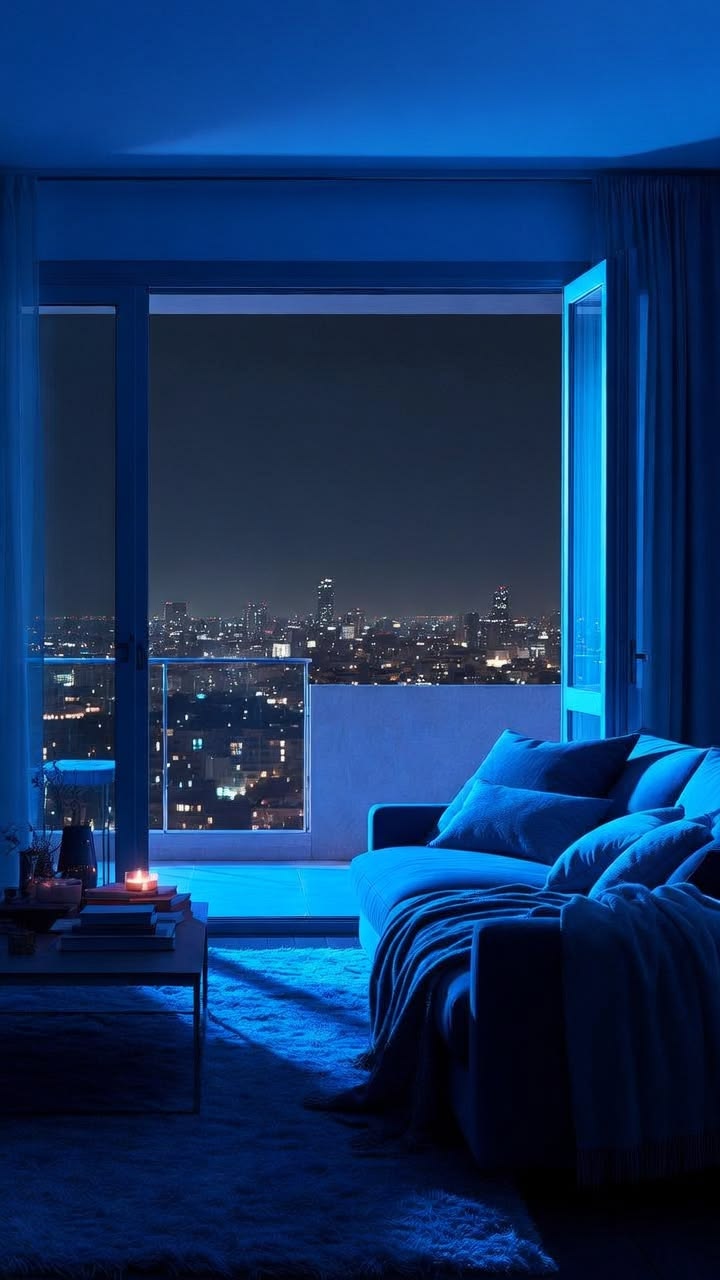 A cozy modern apartment living room with a beautiful city sk