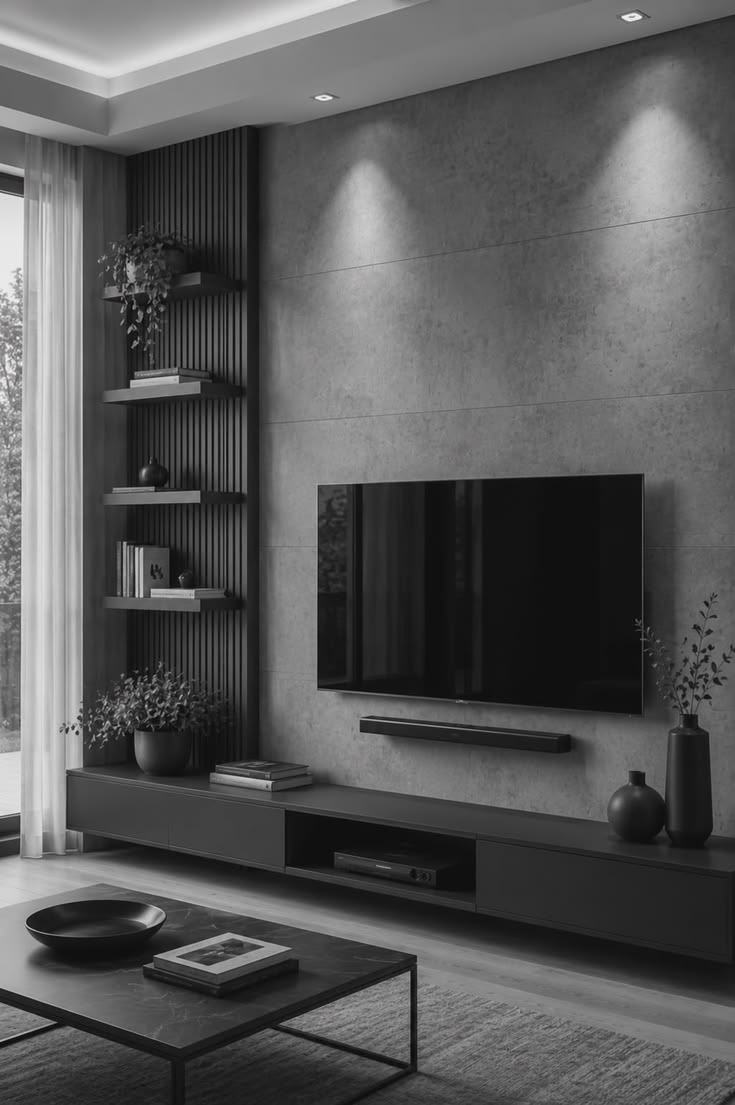 “Elegant black & white living room design with a modern TV w