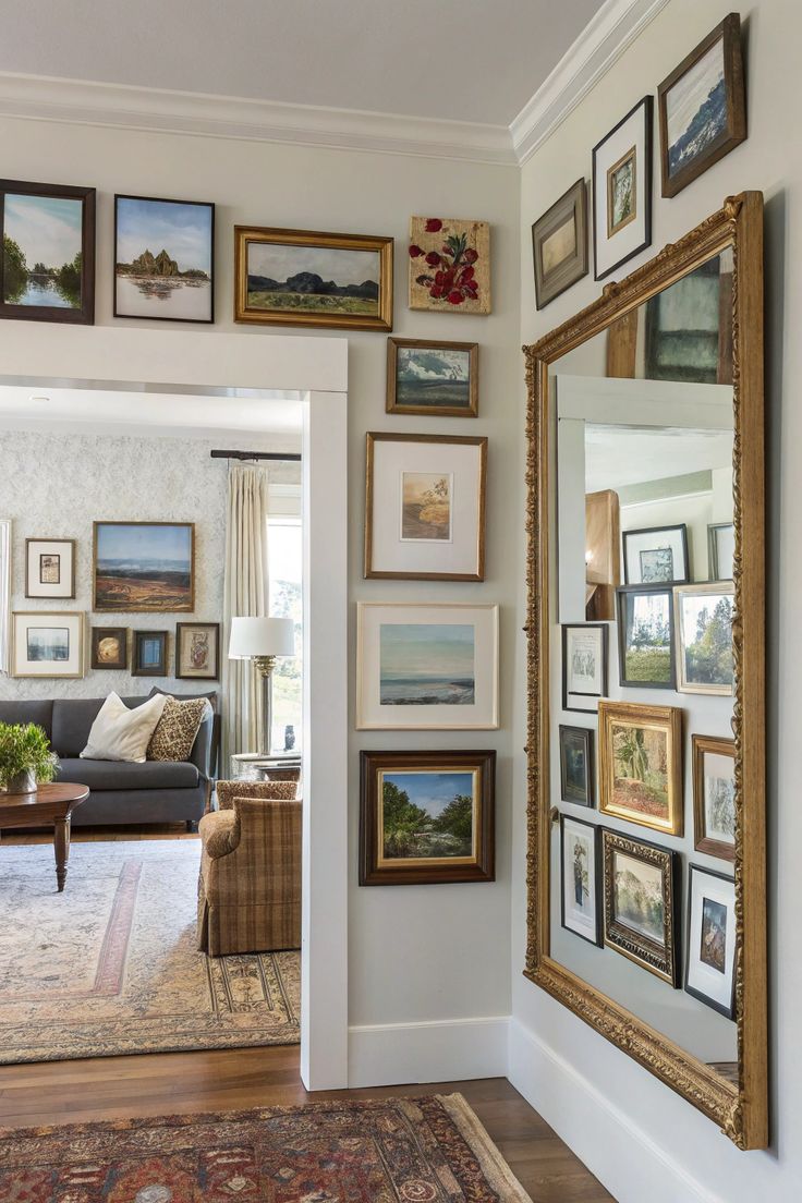 Mix art, photos, and mirrors for a curated wall. Pro tip: La