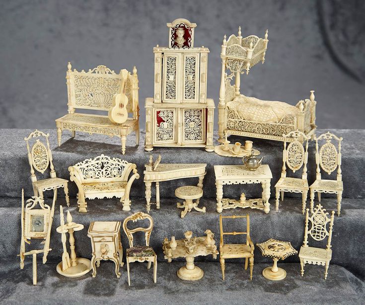 4"h. bed. Large lot of miniature carved bone furniture of mi