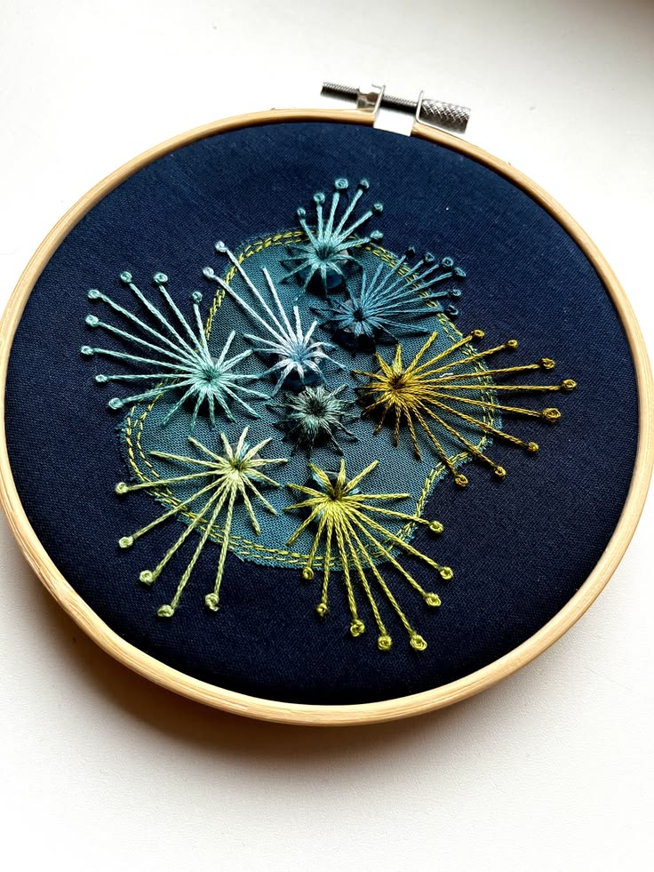 Embroidery in blue and green