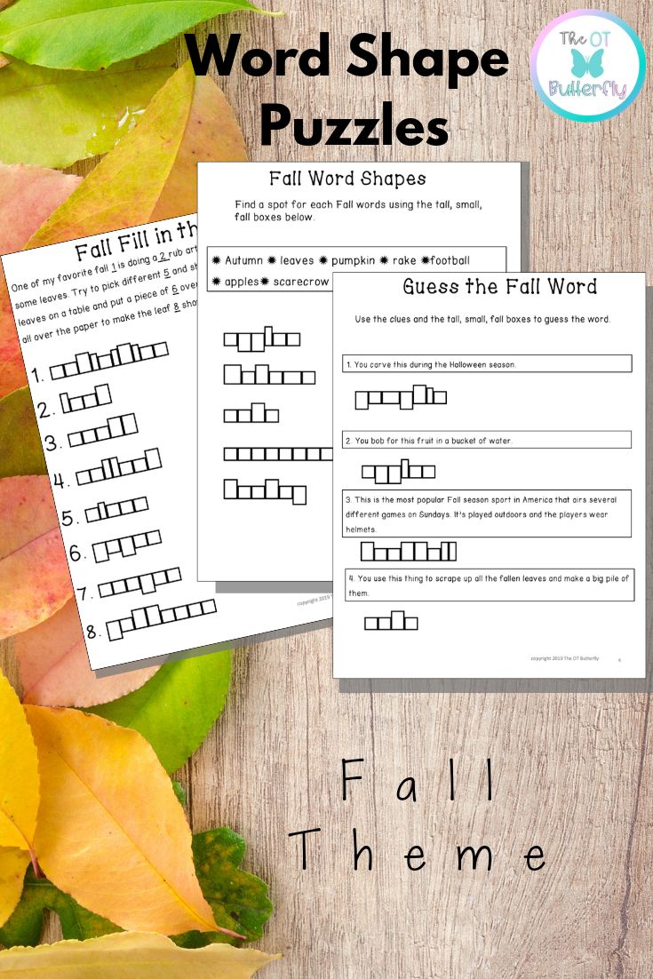 Easy, no prep, fall themed word-shape puzzle packet to targe