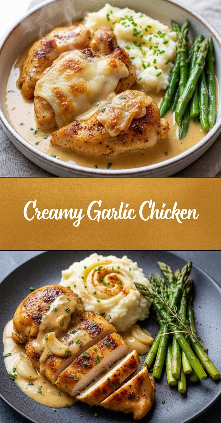 Indulge in this Creamy Garlic Chicken served over fluffy mas