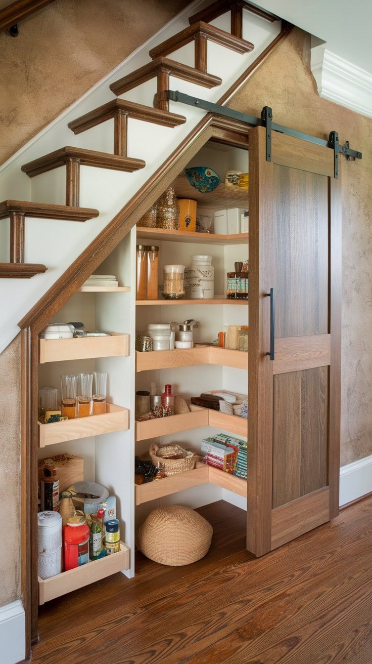 Custom-built under-stair storage offers a deep, multi-shelve