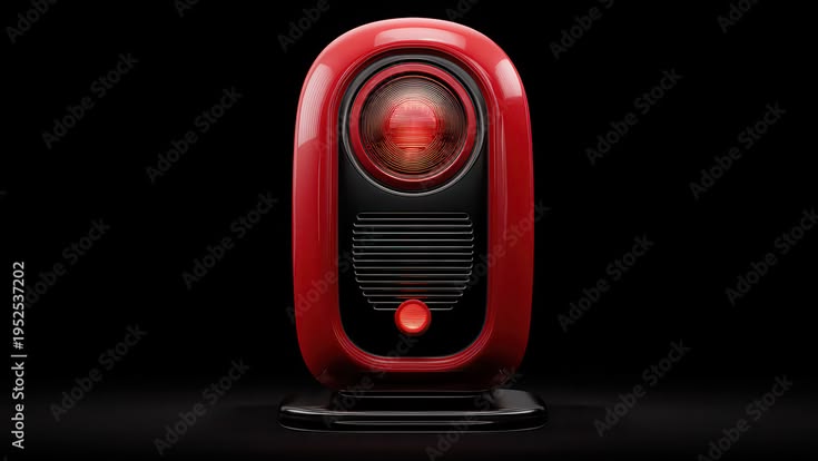A vibrant red and black retro-futuristic device, possibly a 