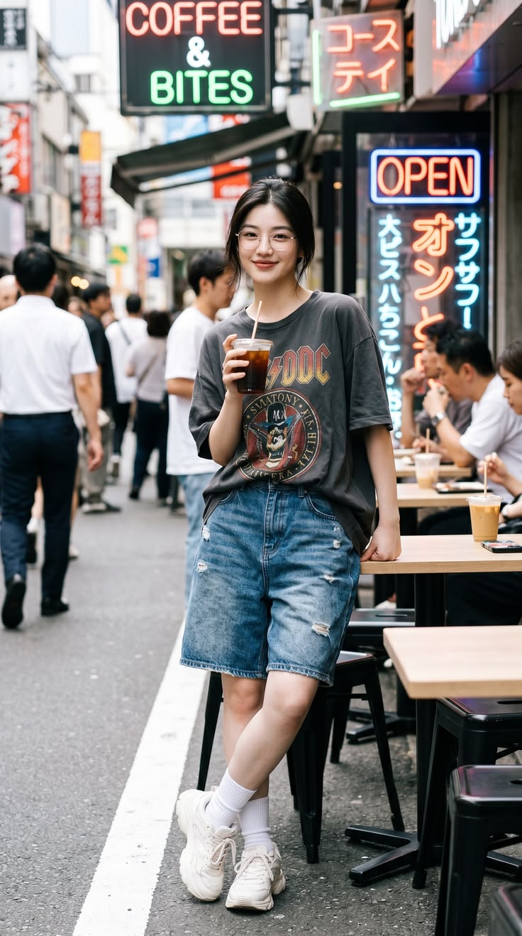 Oversized graphic tee, loose denim shorts, and chunky sneake