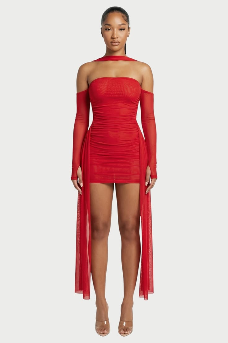 Celestia brings drama and edge with this ruched red mesh min