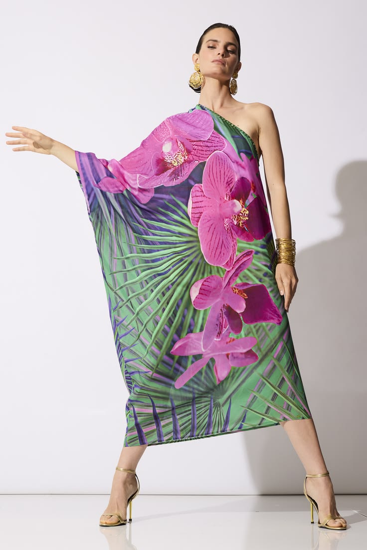 A lightweight silk-cotton voile in a vibrant orchid print. B