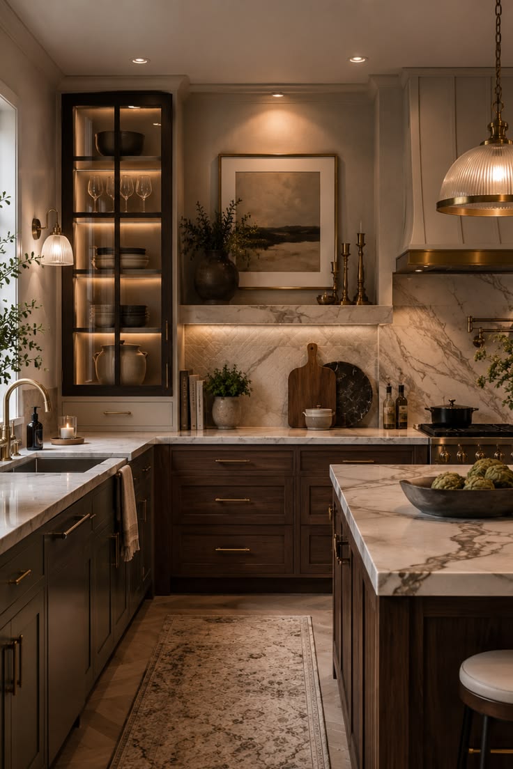 Elegant kitchen with marble countertops and warm wooden cabi