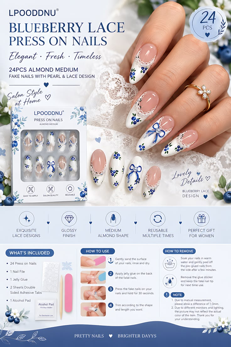 Looking for the prettiest blue and white press-on nails?  Th