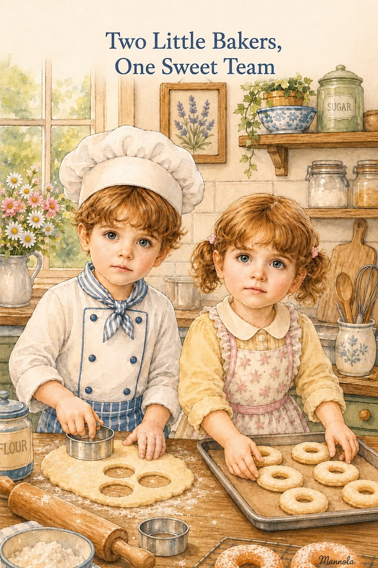 Two little twins baking homemade donuts together in a cozy k