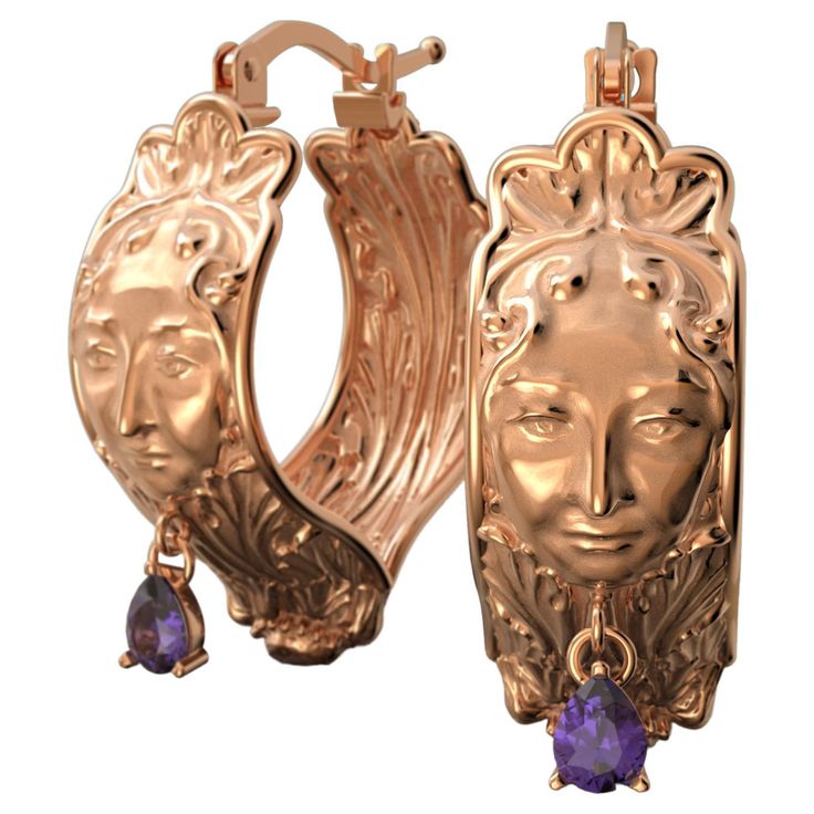 Sculptured earrings with natural pear shape Amethysts crafte