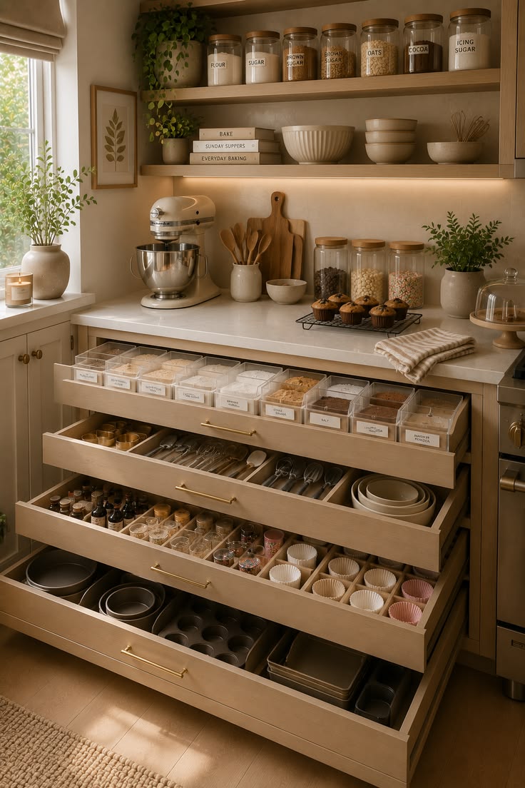 Keep baking ingredients, cake tins, measuring tools and baki