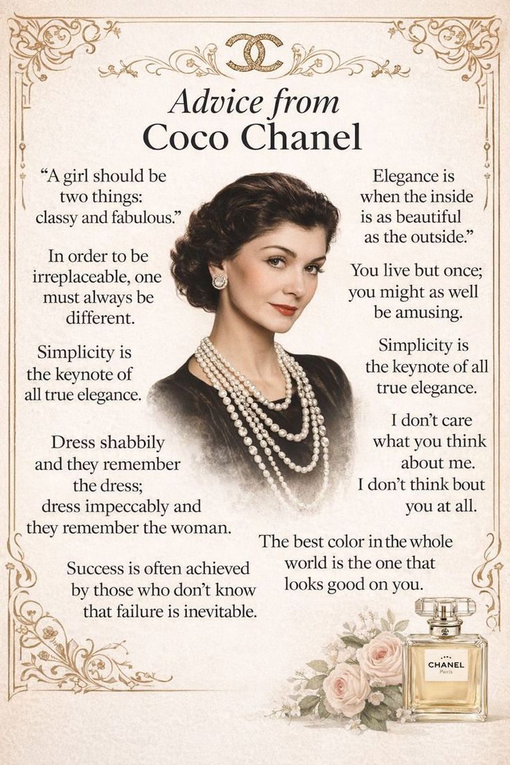 Iconic style advice inspired by Coco Chanel, celebrating ele