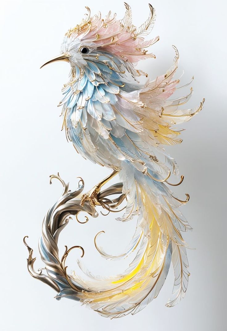 Intricate Metal Bird Sculpture Perched Gracefully on Branch.