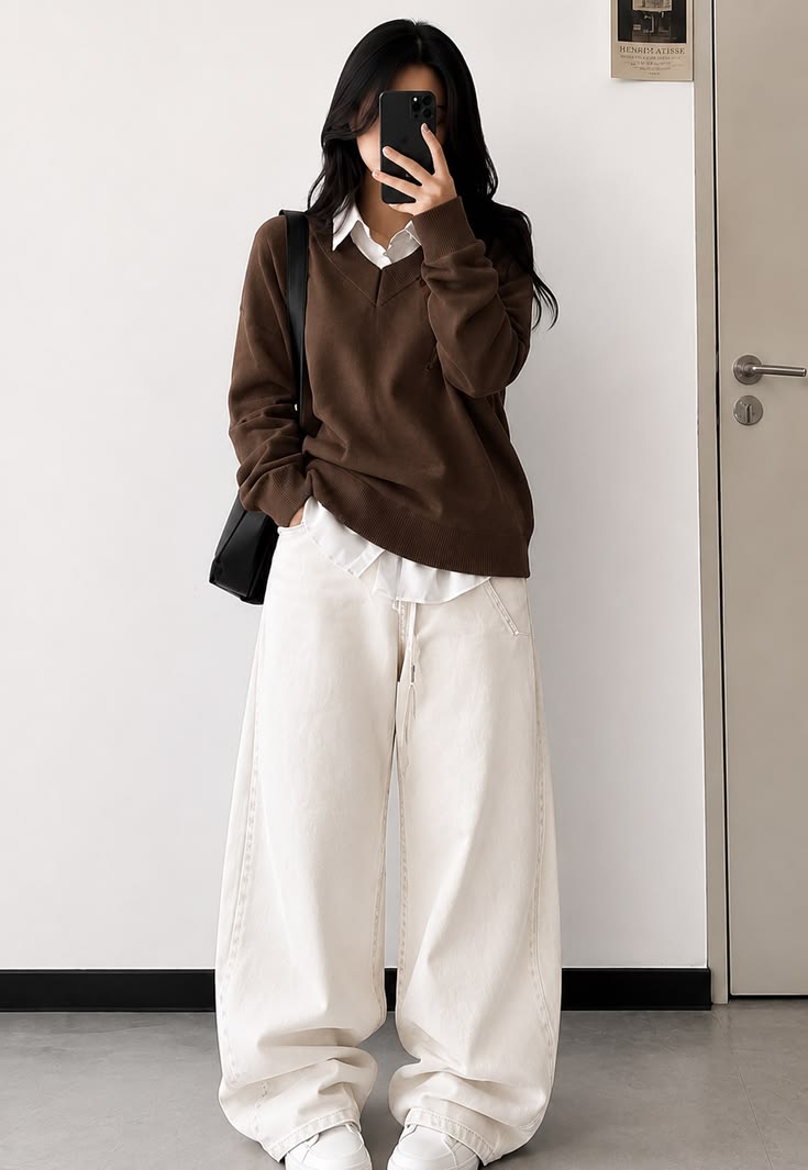 Create a timeless Korean-inspired look with a brown sweater 
