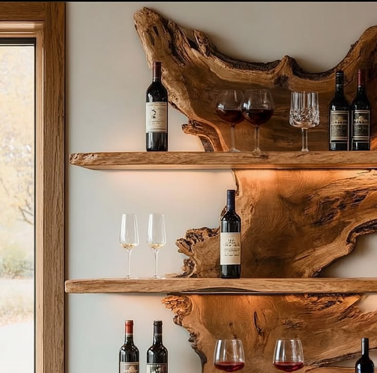 Live Edge Wooden Wine Rack Shelf – Handmade Solid Wood Wall 