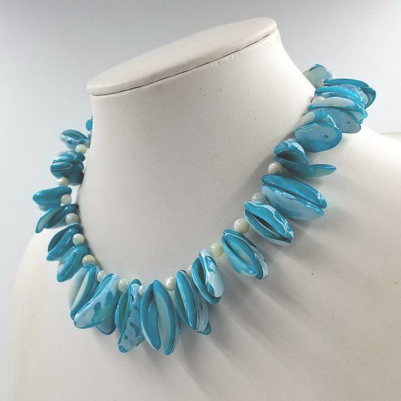 Dyed Aqua Blue and White Shell Fringe Necklace