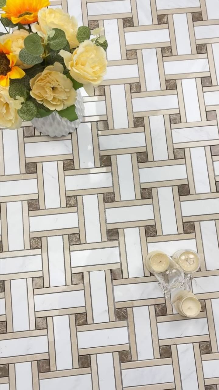 This polished basketweave mosaic blends Emperador Light and 