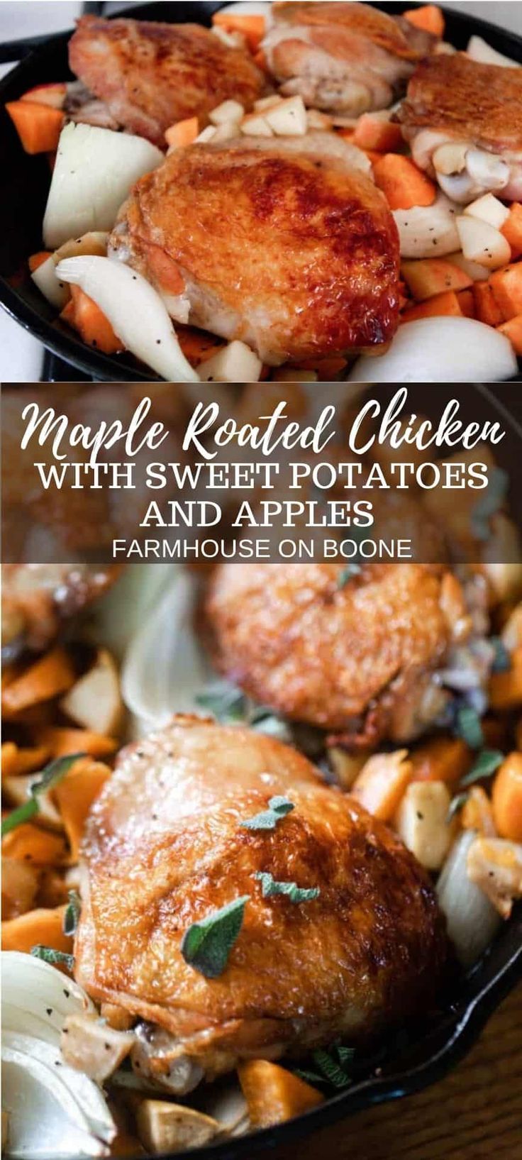 Maple roasted chicken begins with seared chicken thighs, app