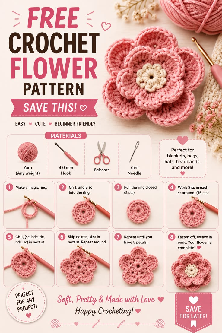 Create a beautiful crochet flower with this easy free patter