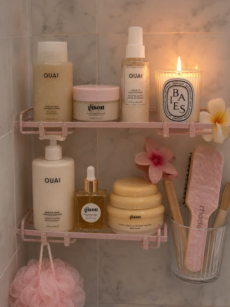 clean girl aesthetic, shower shelf aesthetic, bathroom shelf