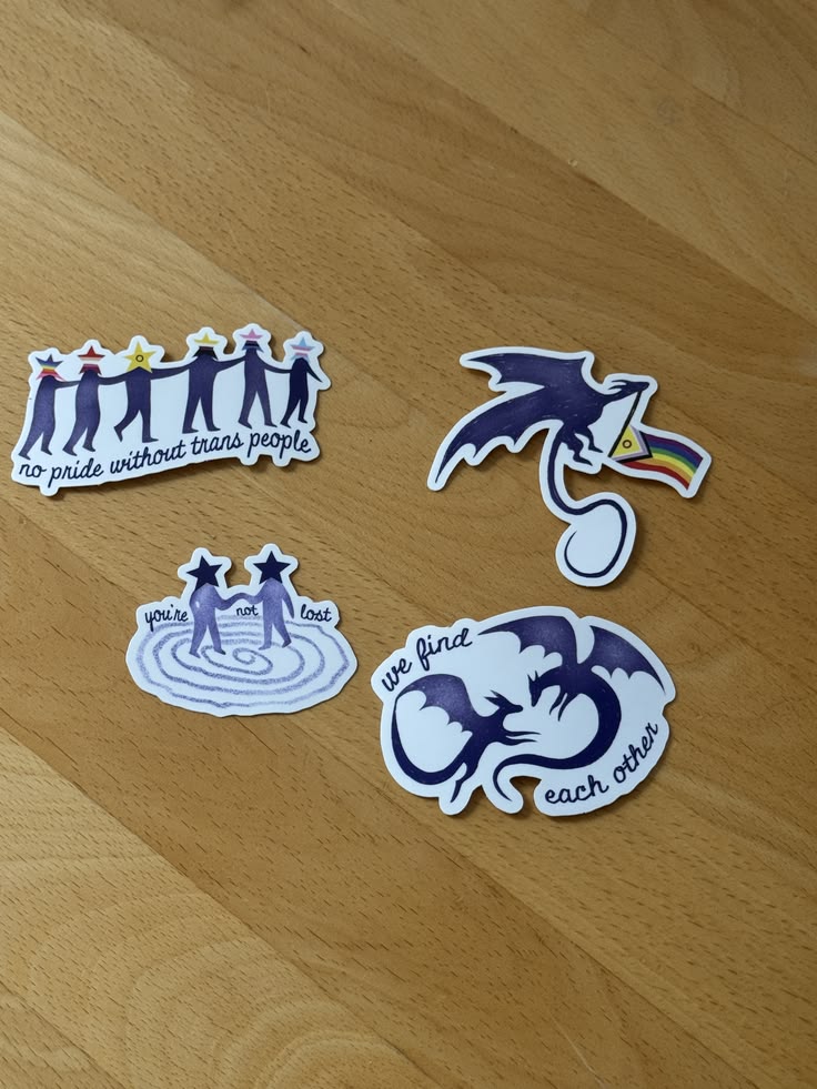 A five-sticker pack celebrating trans joy, chosen family and