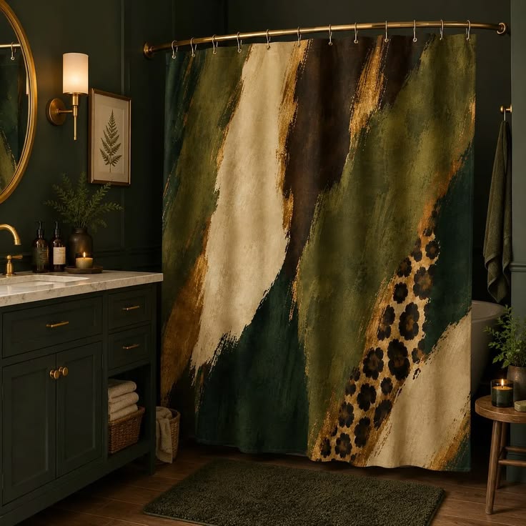 Fall Palette Forest Green Shower Curtain, Abstract Leopard P
