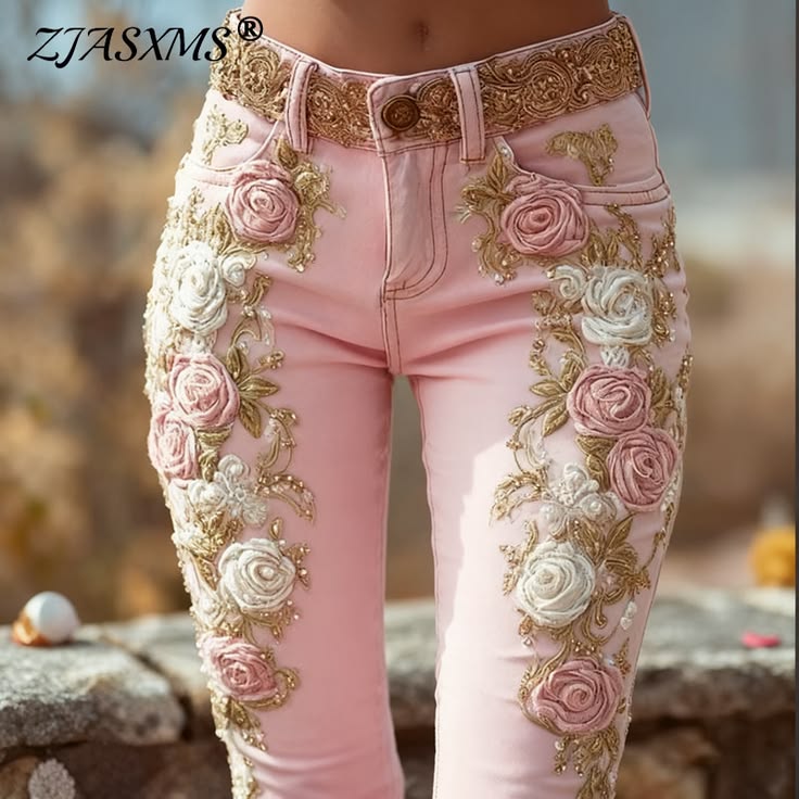 Romantic Pink Rose Flower Print Jeans Vintage Elegant Button