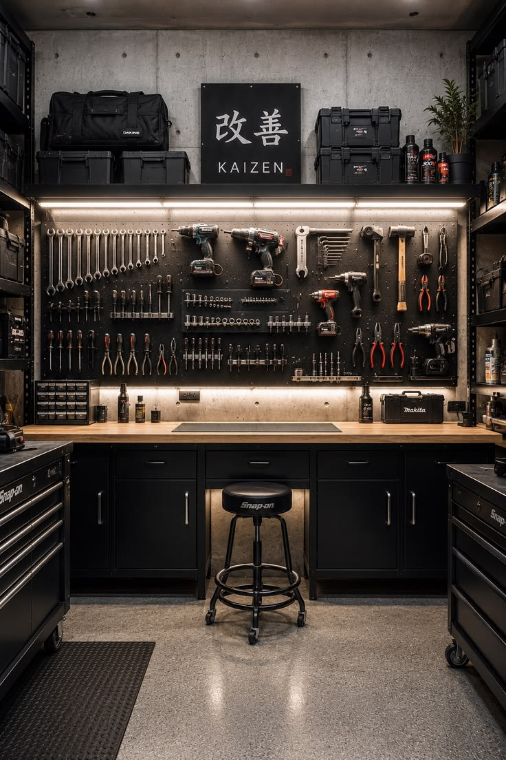 A realistic Japanese industrial tool wall concept with black