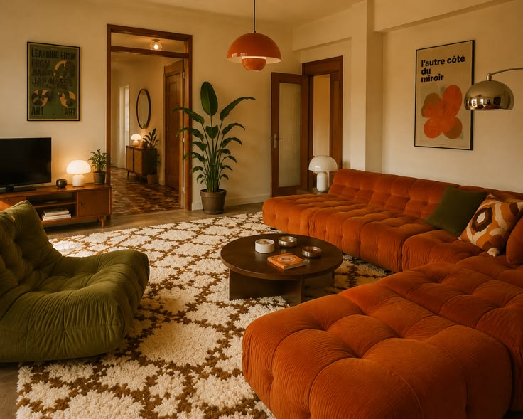 Step back into 70s living room vibes with a bold rug centerp