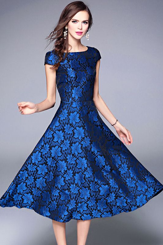 Blue Jacquard Midi Dress