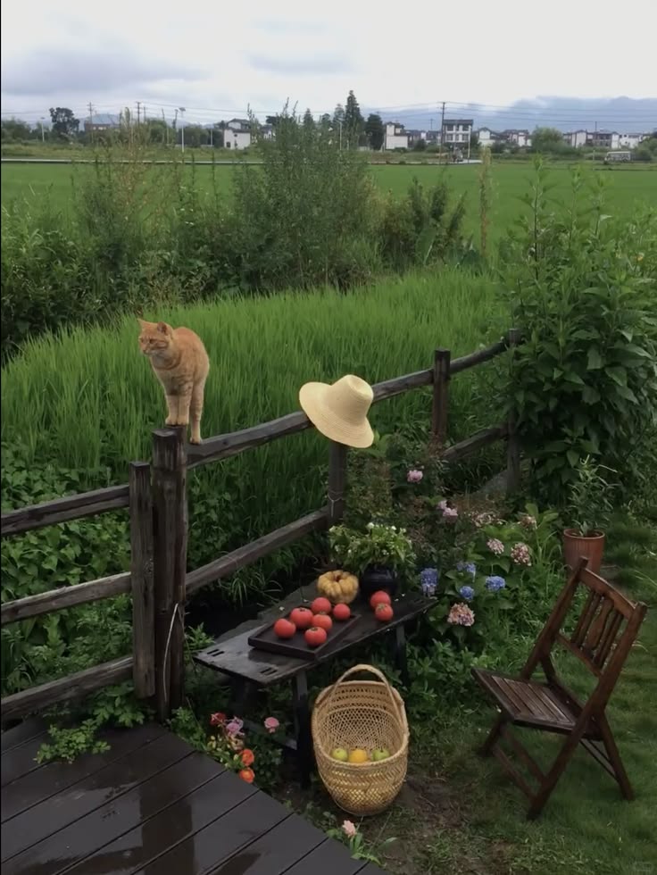 A peaceful cottage garden moment surrounded by flowers, vege