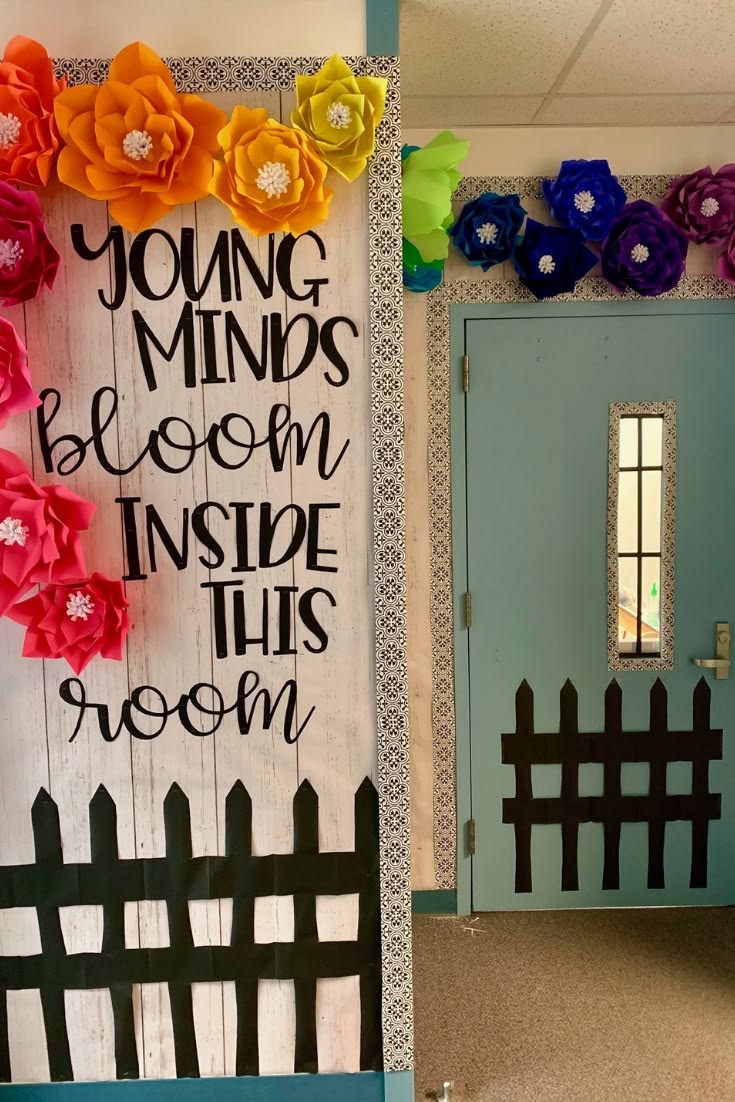 Flowers were made with card-stock. Rustic bulletin board pap