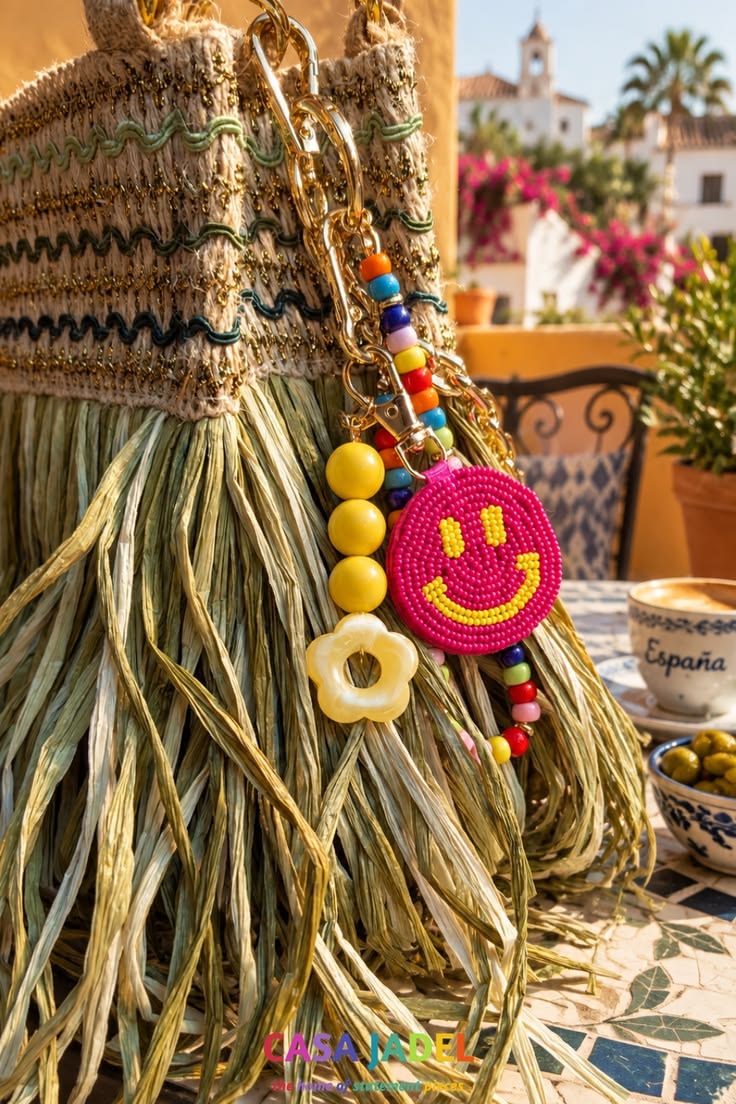 Kleurrijke Ibiza bag charm met smiley, flower charm en vroli
