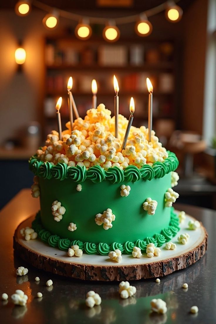 Popcorn-topped birthday cake: the perfect card to movie nigh